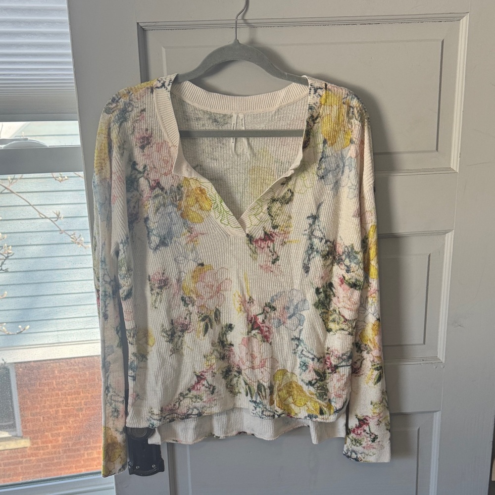 Anthropologie Floral V-Neck Blouse - Cream, Yellow, Blue
